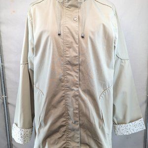 Blair Women Beige Jacket Rain Coat Brown Floral Lined Hidden Hood Size Large